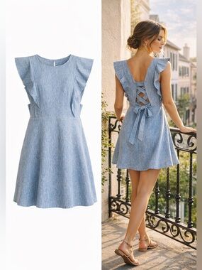A Loves A Chambray Linen Blend Ruffle Mini Dress Lace Up Back Blue Sz 4 Coastal